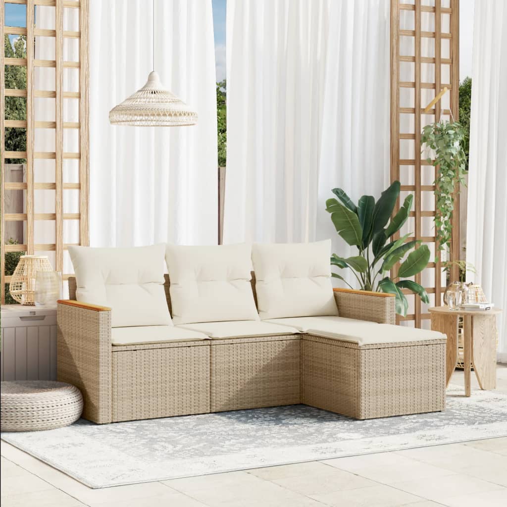 4 Pcs conjunto de sofás para jardim c/ almofadões vime PE bege