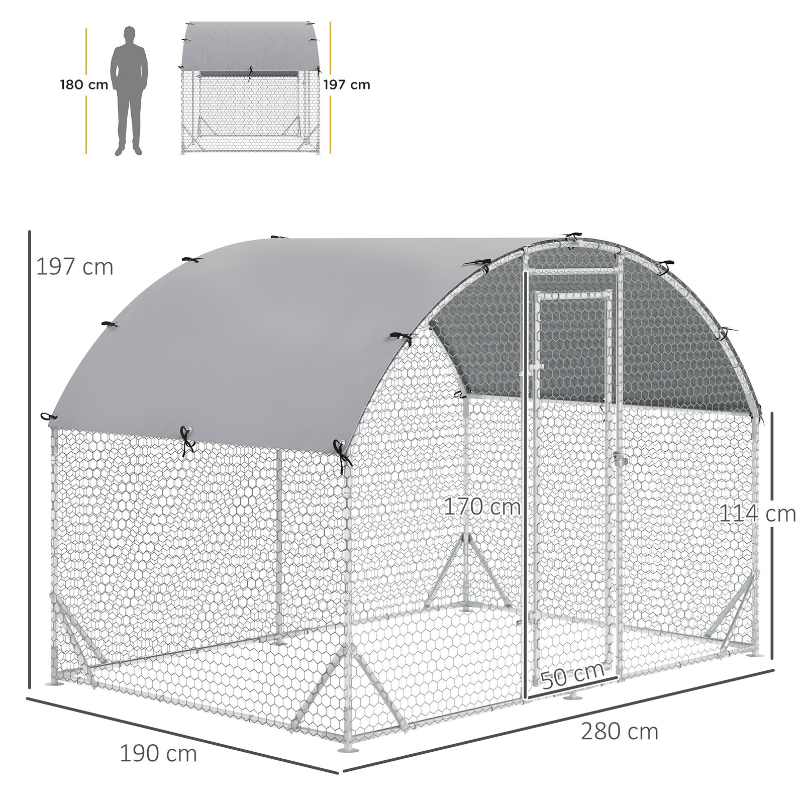 Galinheiro para exterior para 4-6 galinhas de aço galvanizado com teto de tecido oxford 2,8x1,90x1,97 m prata