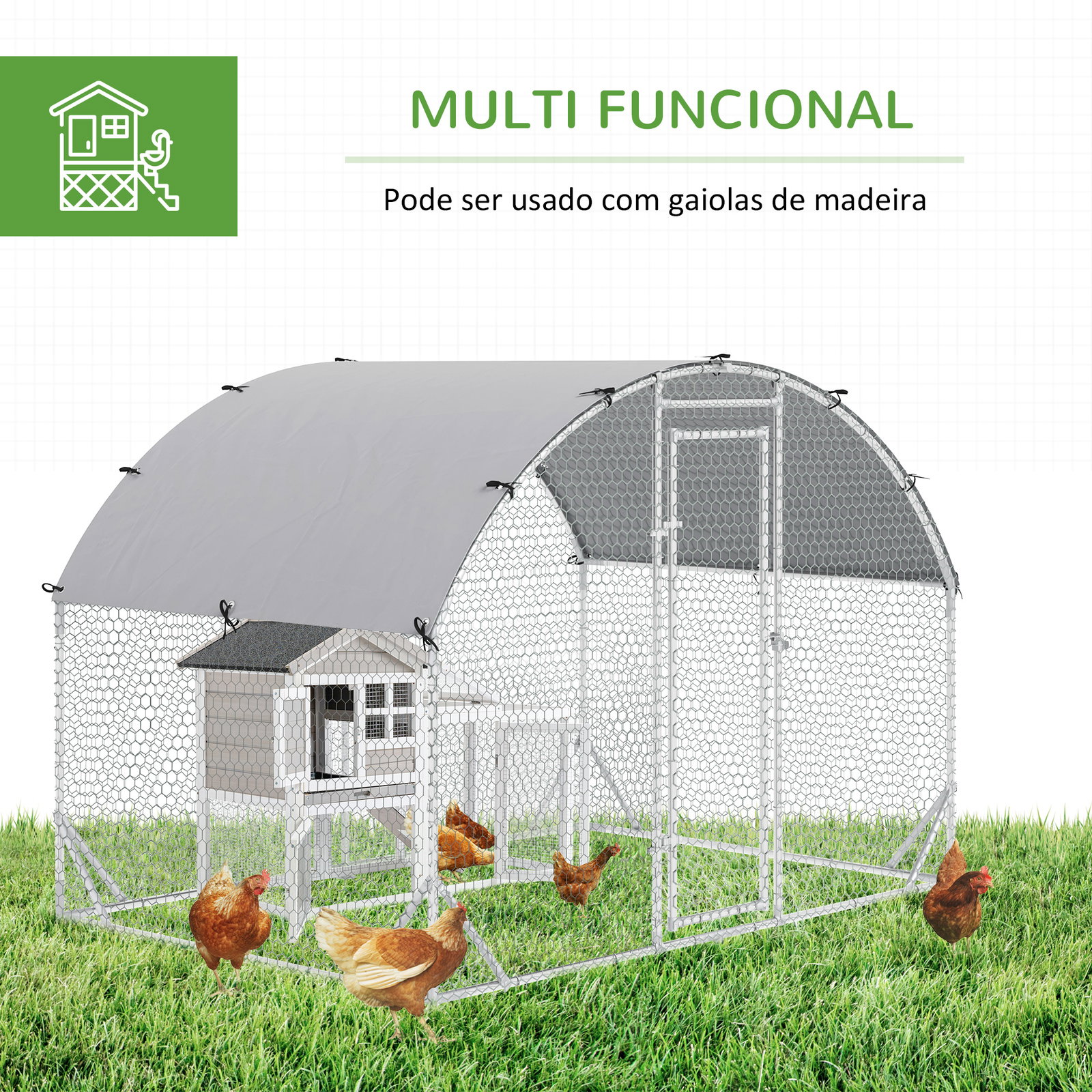 Galinheiro para exterior para 4-6 galinhas de aço galvanizado com teto de tecido oxford 2,8x1,90x1,97 m prata