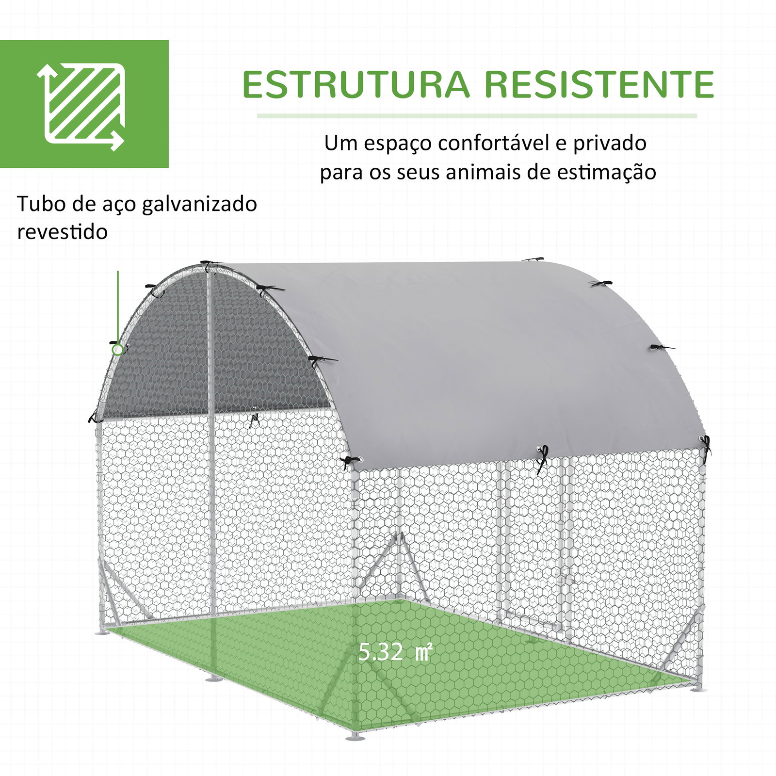 Galinheiro para exterior para 4-6 galinhas de aço galvanizado com teto de tecido oxford 2,8x1,90x1,97 m prata
