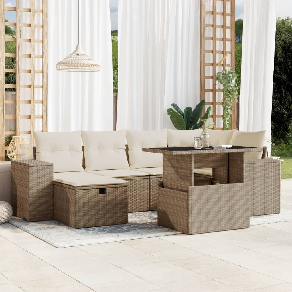 7 Pcs conjunto de sofás p/ jardim com almofadões vime PE bege