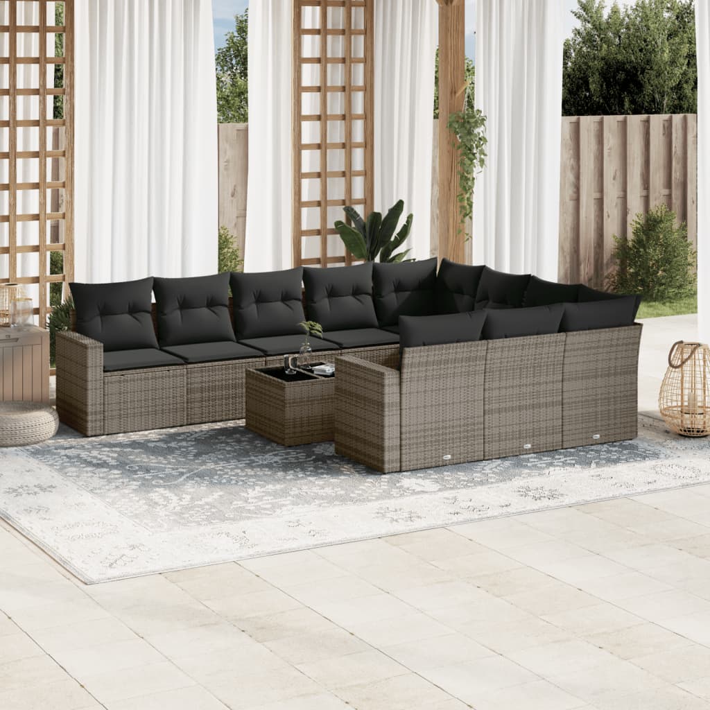 11 Pcs conjunto sofás de jardim c/ almofadões vime PE cinzento