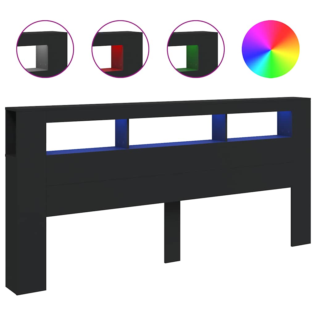 Cabeceira cama c/ leds 220x18,5x103,5 cm deriv. madeira preto