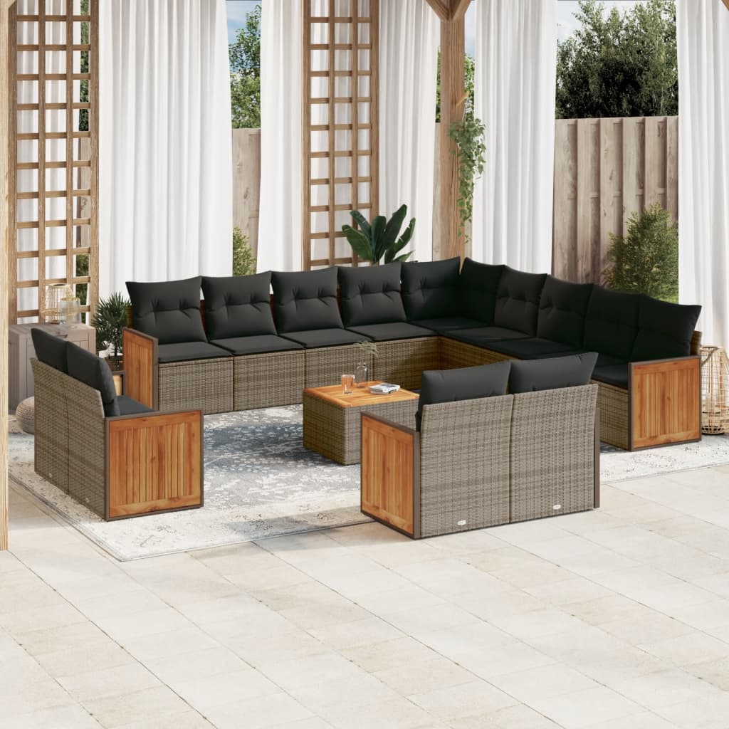 14 Pcs conjunto sofás p/ jardim c/ almofadões vime PE cinzento