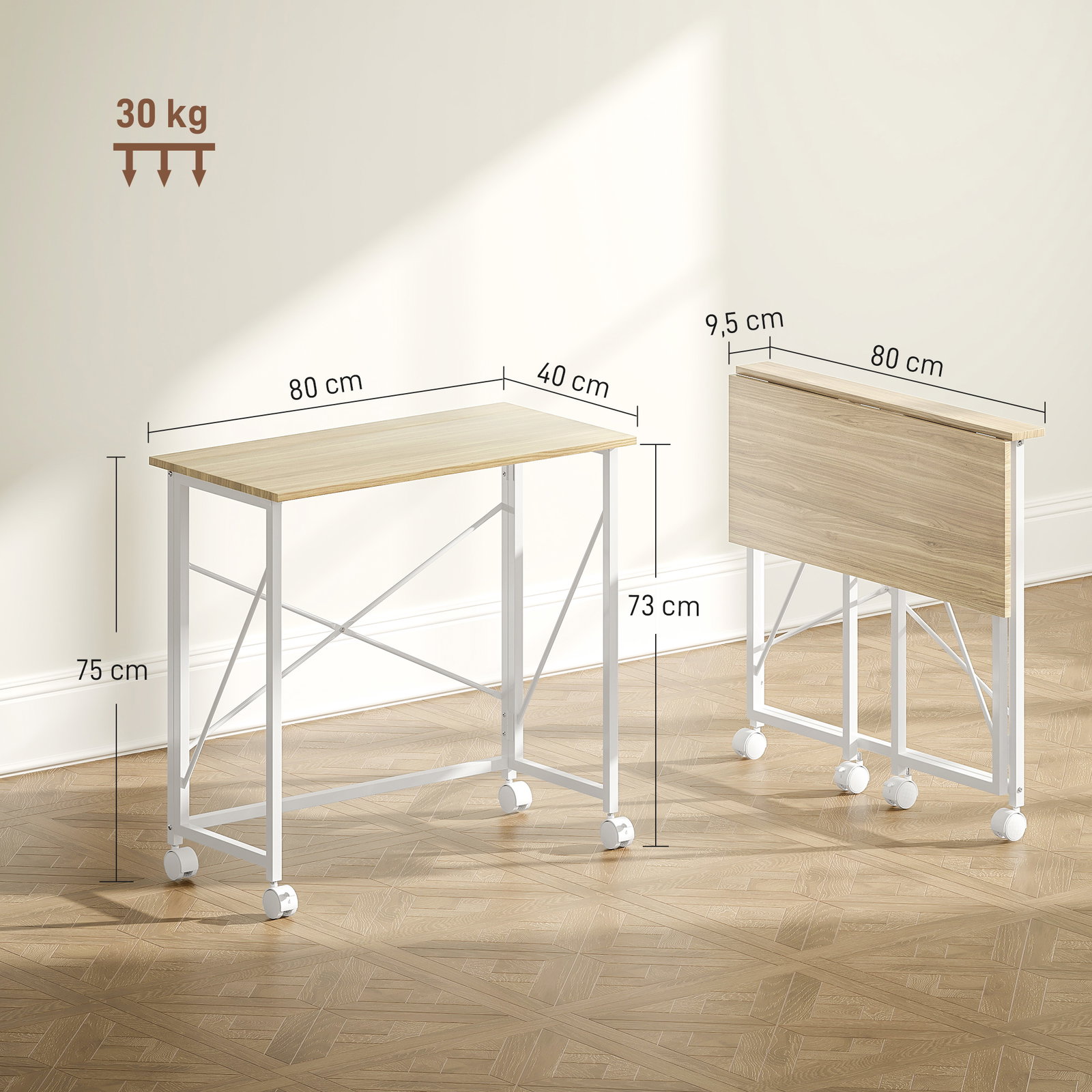 Secretária dobrável com rodas mesa de secretária compacta portátil para espaços pequenos 80x40x75 cm madeira e branco