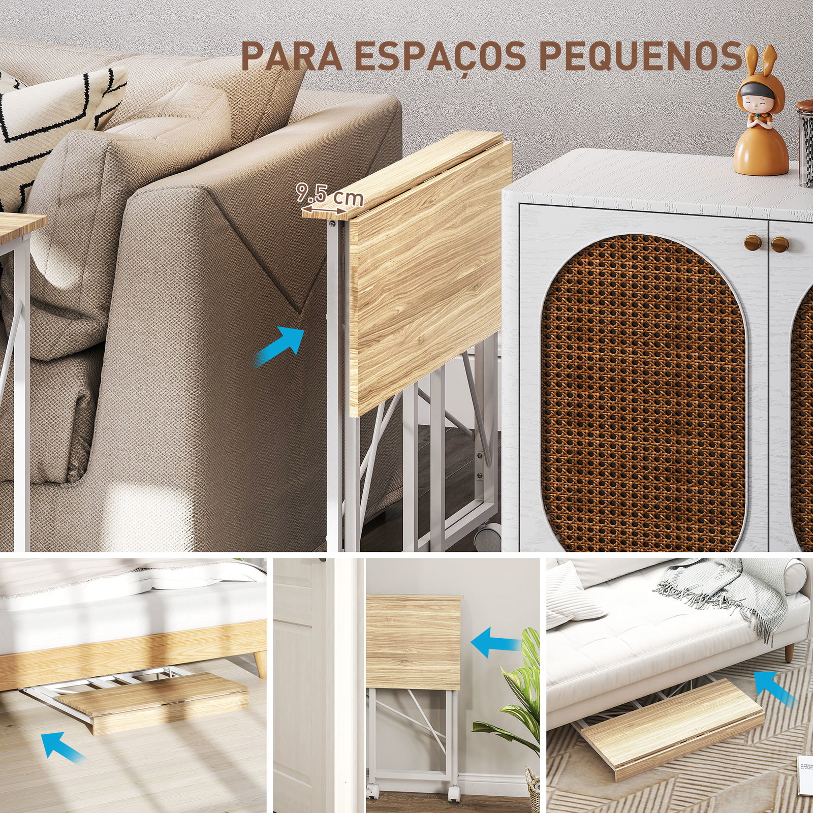 Secretária dobrável com rodas mesa de secretária compacta portátil para espaços pequenos 80x40x75 cm madeira e branco