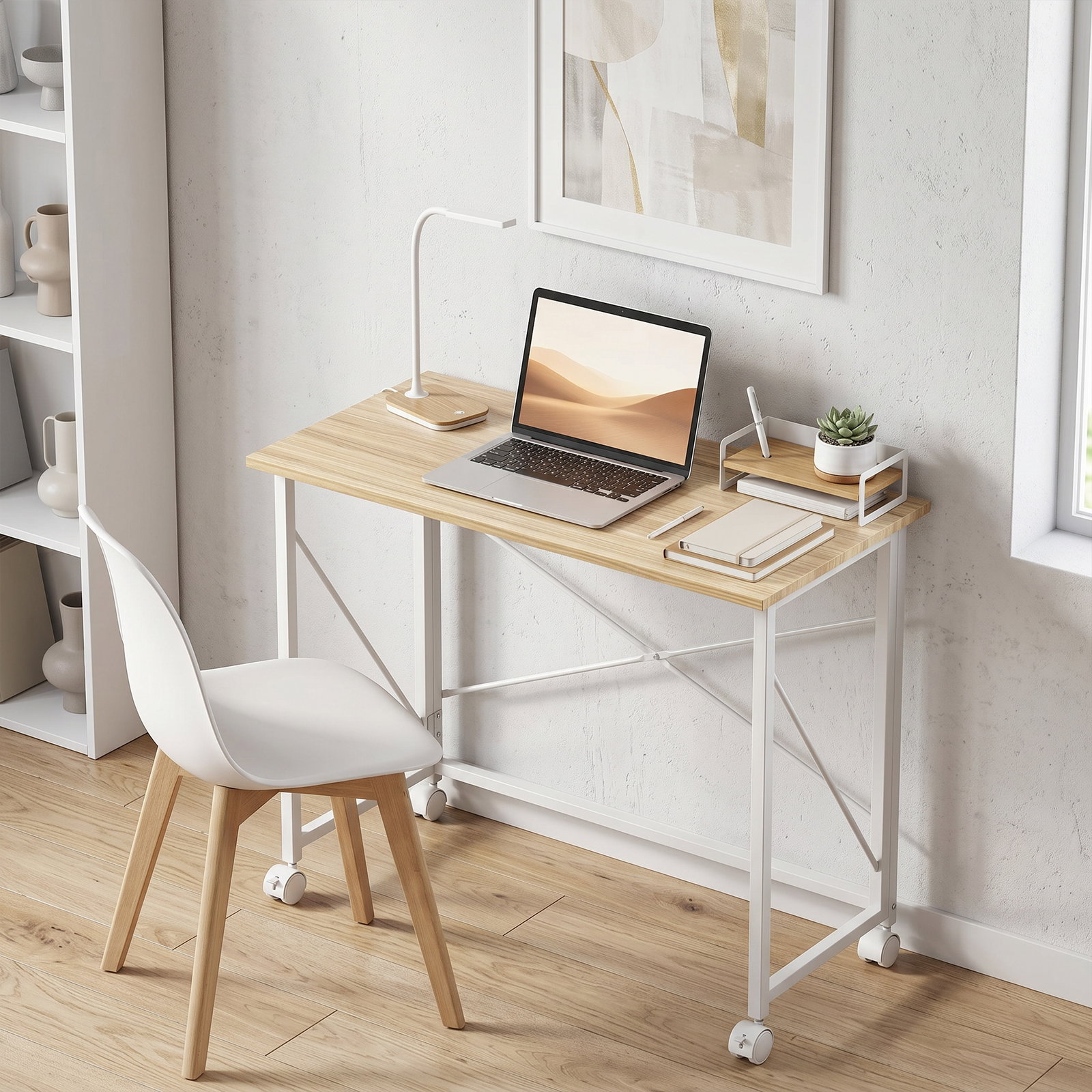 Secretária dobrável com rodas mesa de secretária compacta portátil para espaços pequenos 80x40x75 cm madeira e branco