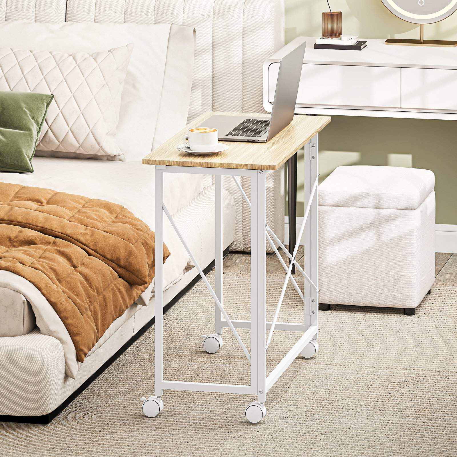Secretária dobrável com rodas mesa de secretária compacta portátil para espaços pequenos 80x40x75 cm madeira e branco