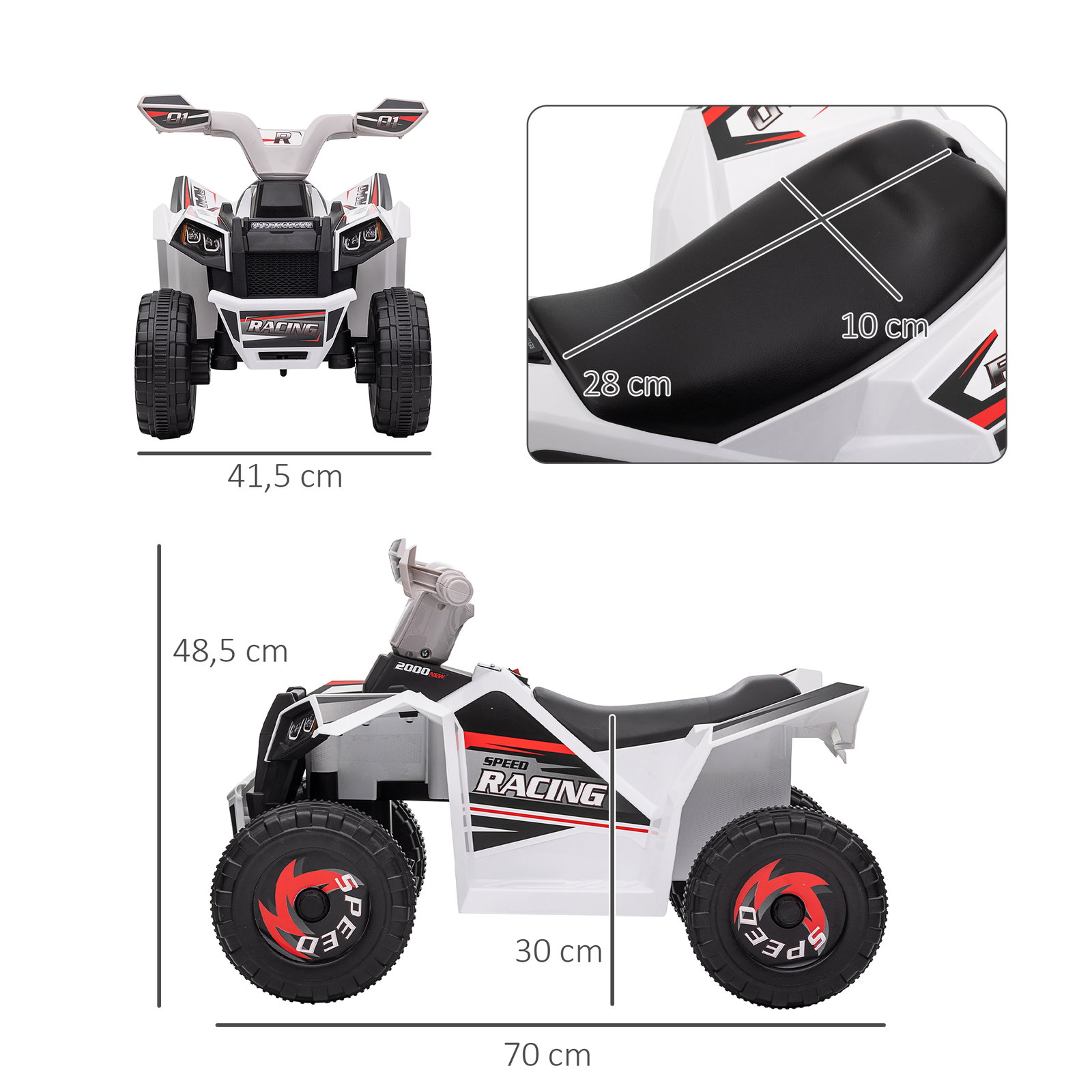 Quadriciclo elétrico para crianças veículo elétrico a bateria de 6v com velocidade de 2,5 km/h 70x41,5x48,5 cm branco