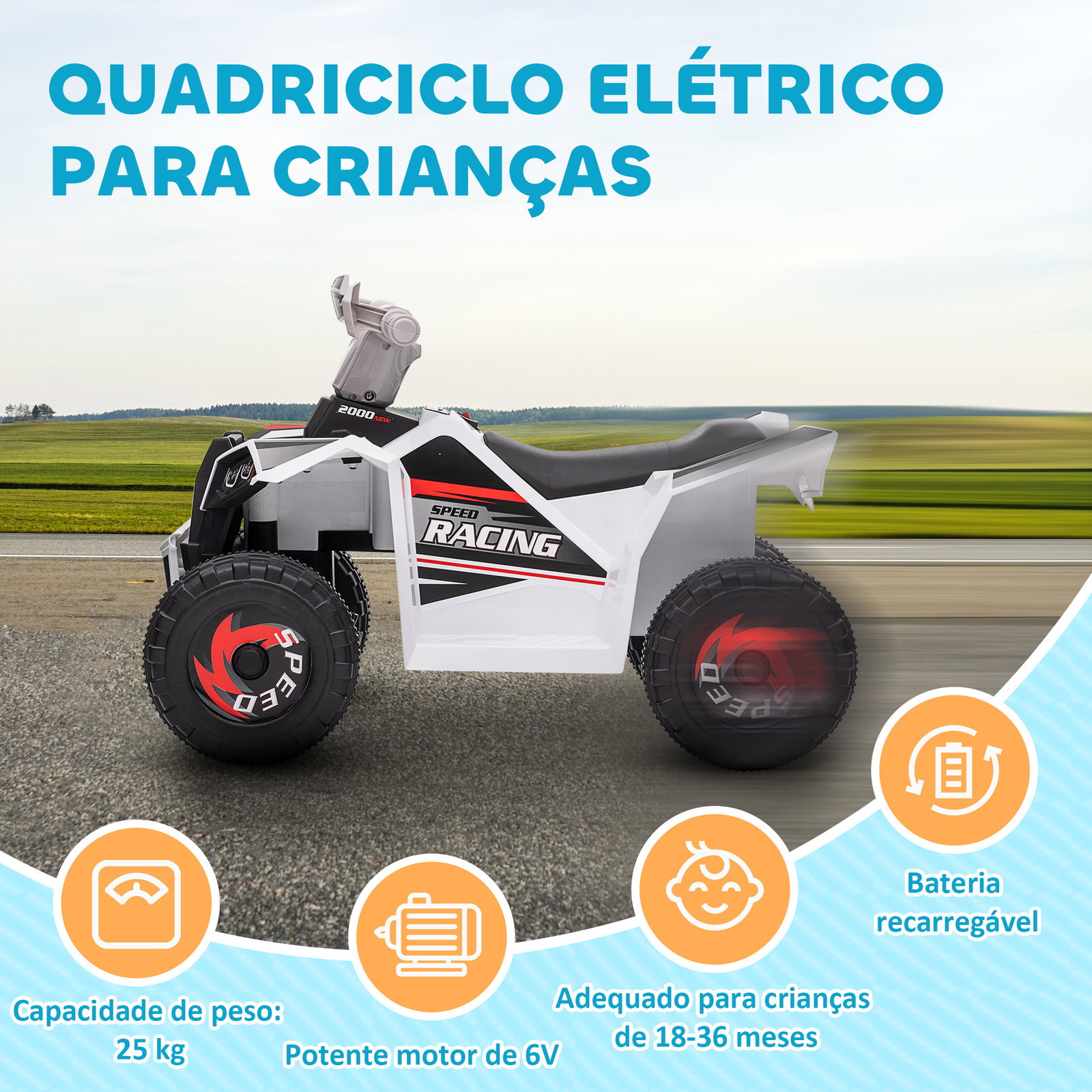 Quadriciclo elétrico para crianças veículo elétrico a bateria de 6v com velocidade de 2,5 km/h 70x41,5x48,5 cm branco