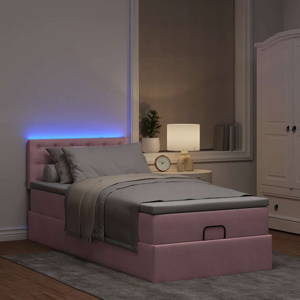 Cama otomana com colchão & leds 80x200cm veludo rosa