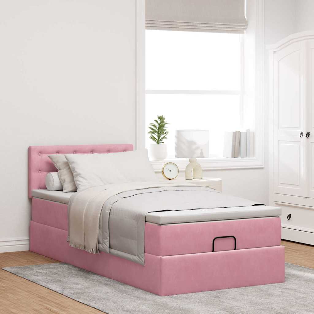 Cama otomana com colchão & leds 80x200cm veludo rosa