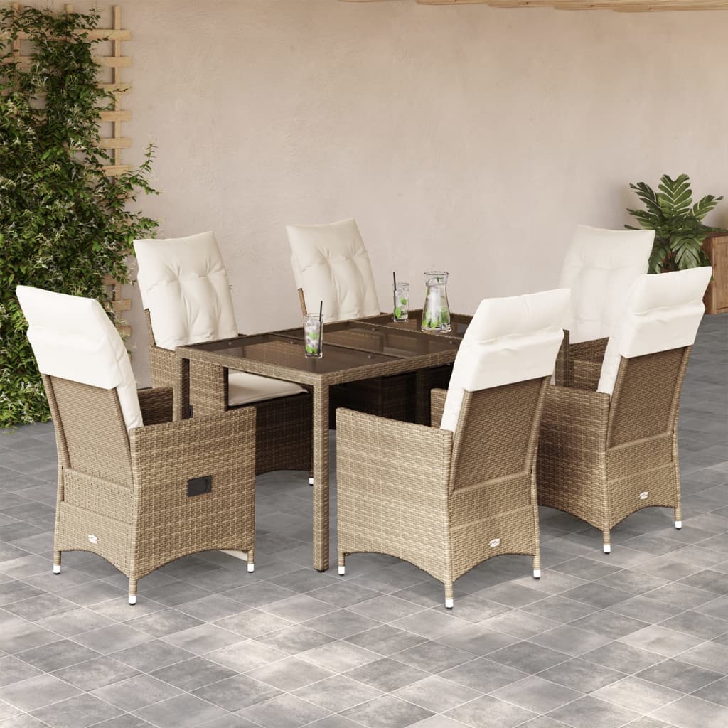 7 Pcs conjunto de jantar p/ jardim com almofadões vime PE bege