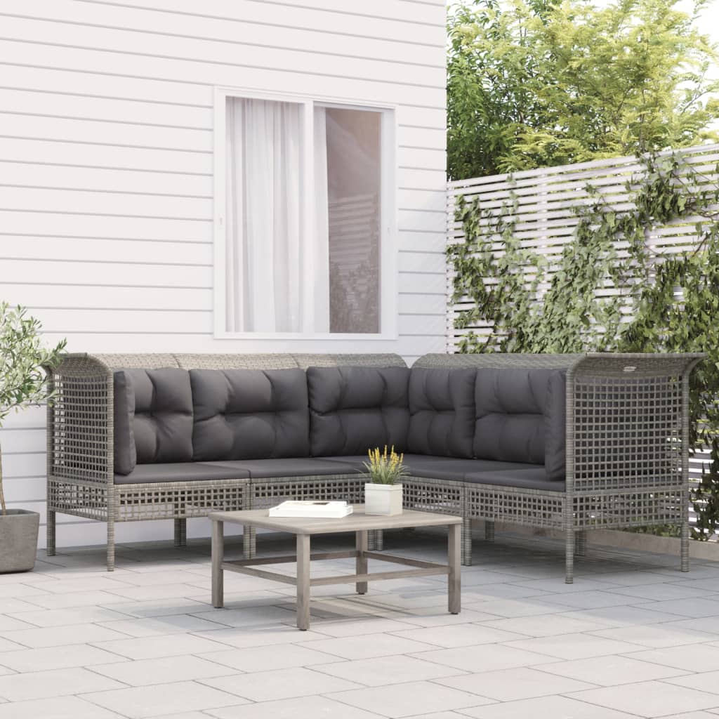 5 Pcs conjunto lounge de jardim c/ almofadões vime PE cinzento