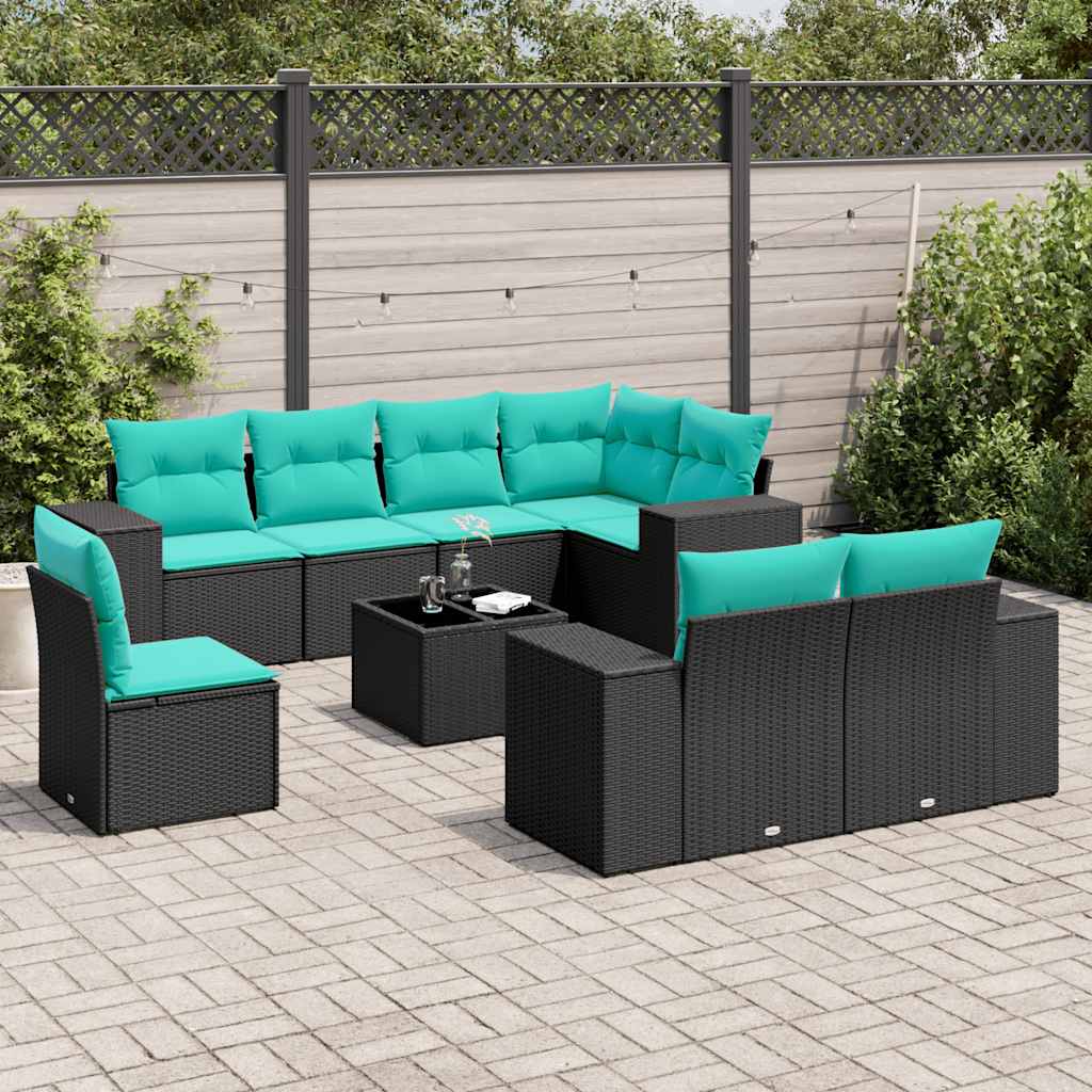 Conjunto de sofá de jardim de 9 peças com almofadas em rattan sintético preto