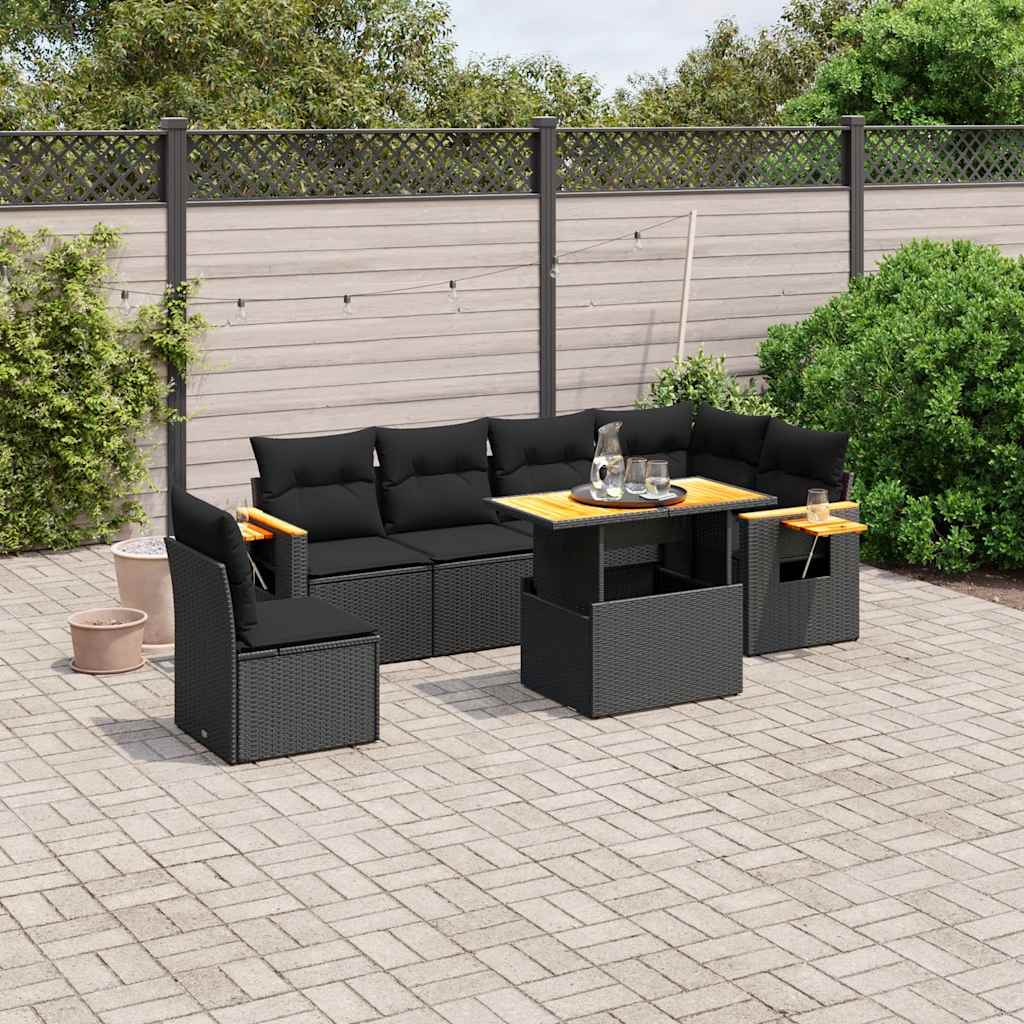 7 Pcs conjunto de sofás p/ jardim c/ almofadões vime PE preto
