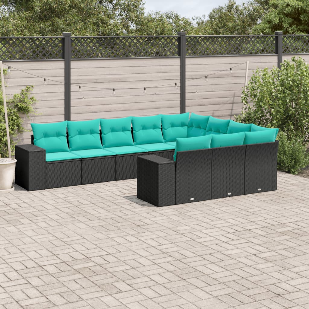 Conjunto de sofá de jardim com 10 peças e almofadas em rattan sintético preto