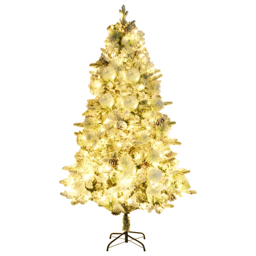 Árvore de natal pré-iluminada c/ flocos neve e pinhas PVC/PE