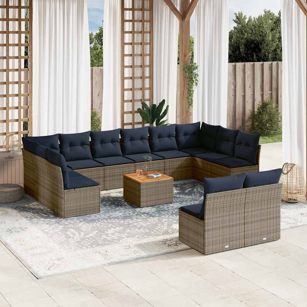 13 Pcs conjunto sofás p/ jardim c/ almofadões vime PE cinzento