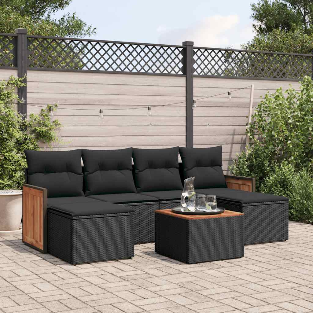 7 Pcs conjunto de sofás p/ jardim c/ almofadões vime PE preto