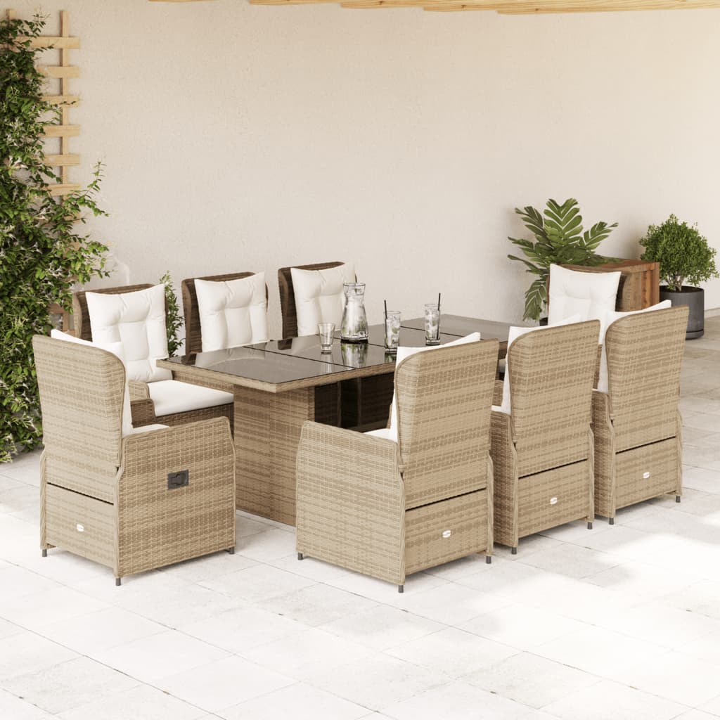 9 Pcs conjunto de jantar p/ jardim com almofadões vime PE bege