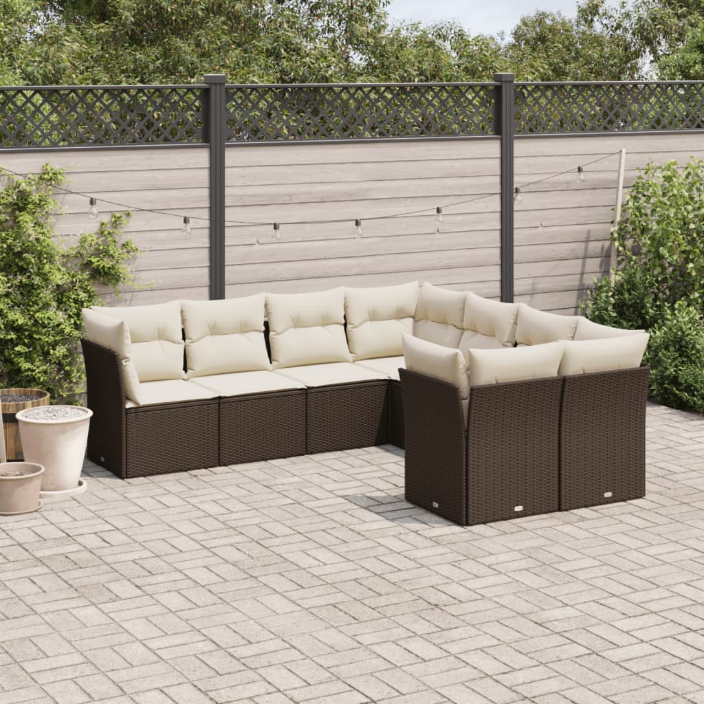 8 Pcs conjunto sofás de jardim c/ almofadões vime PE castanho