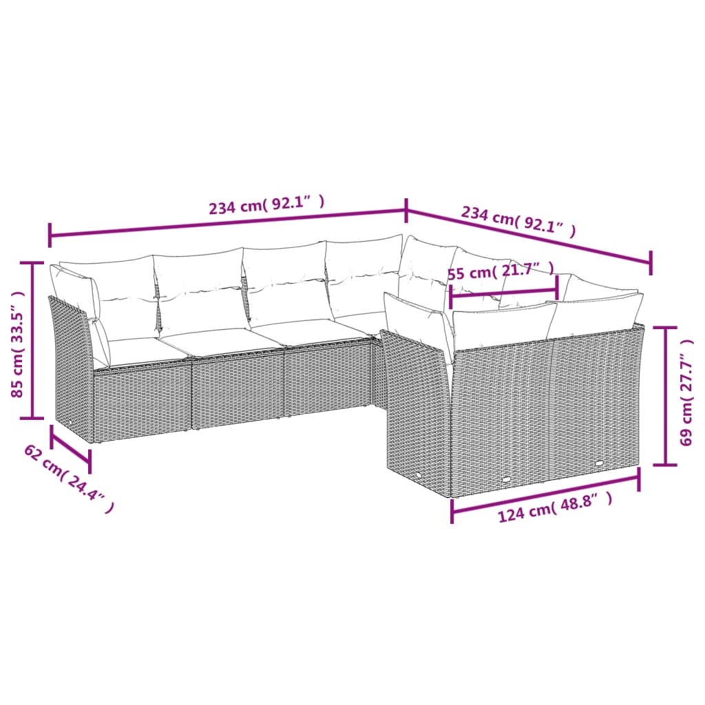 8 Pcs conjunto sofás de jardim c/ almofadões vime PE castanho