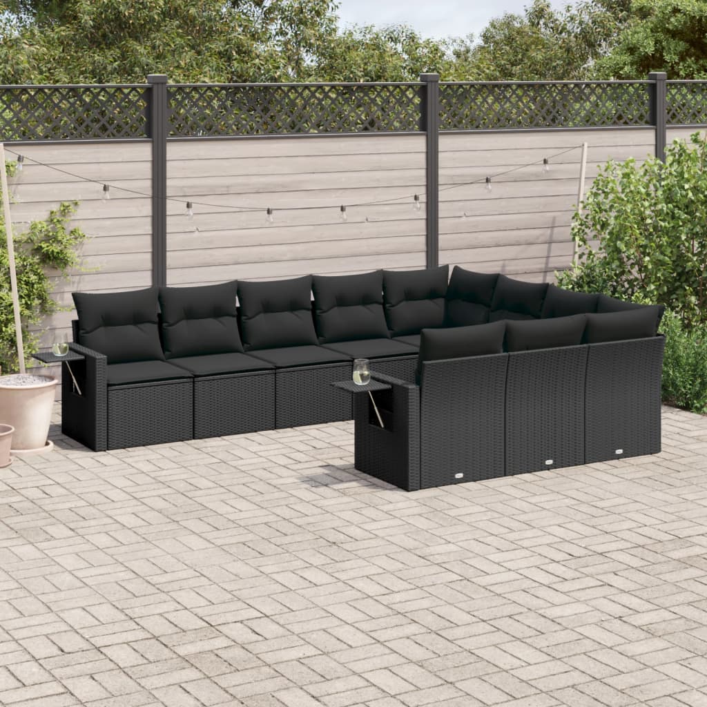 10 Pcs conjunto sofás de jardim c/ almofadões vime PE preto