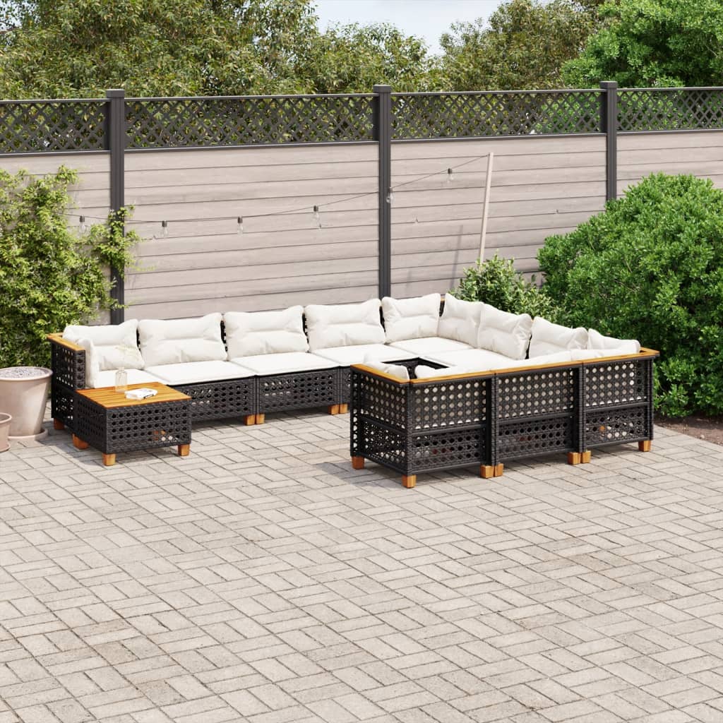 11 Pcs conjunto sofás de jardim c/ almofadões vime PE preto