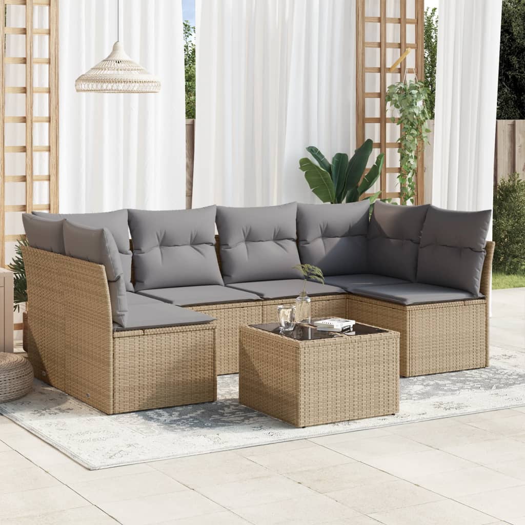 7 Pcs conjunto de sofás p/ jardim com almofadões vime PE bege