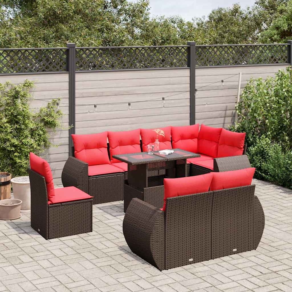 Conjunto de sofá de jardim com 9 peças e almofadas em rattan sintético marrom
