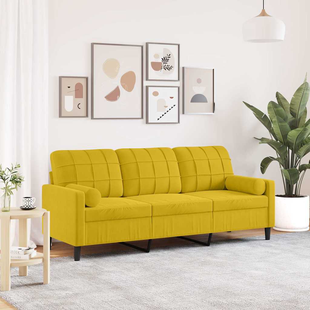Sofá 3 lugares c/ almofadas decorativas 180 cm veludo amarelo