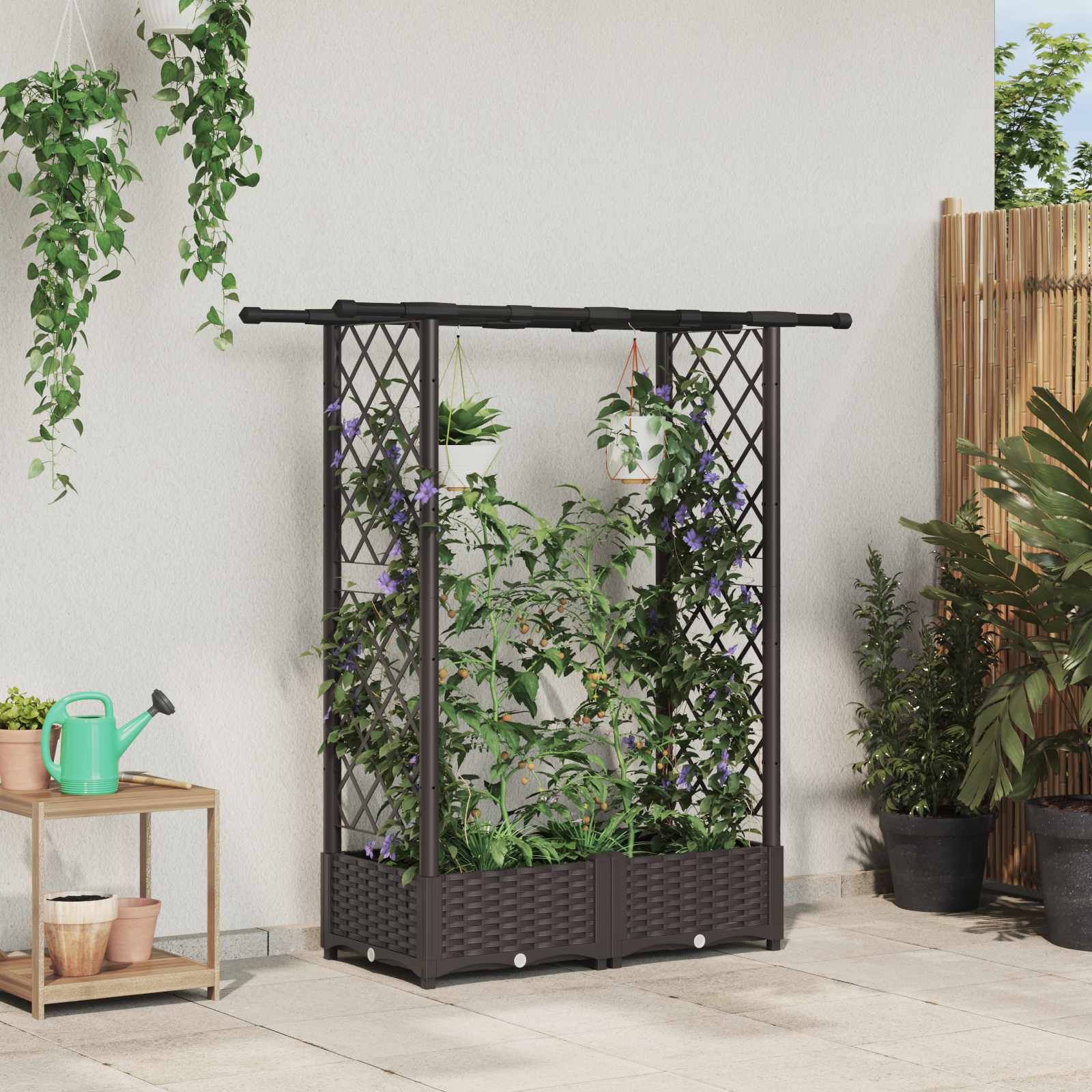 Cama elevada com treliça e telhado castanho 122,5 x 40 x 121 cm