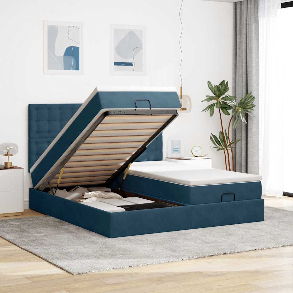 Estrutura cama otomana colchões 180x200 cm veludo azul escuro