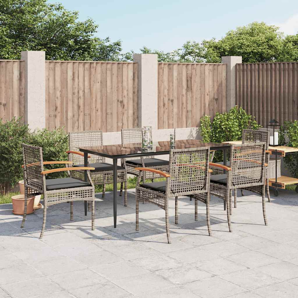 7 Pcs conjunto de jantar p/ jardim c/ almofadões vime PE cinza