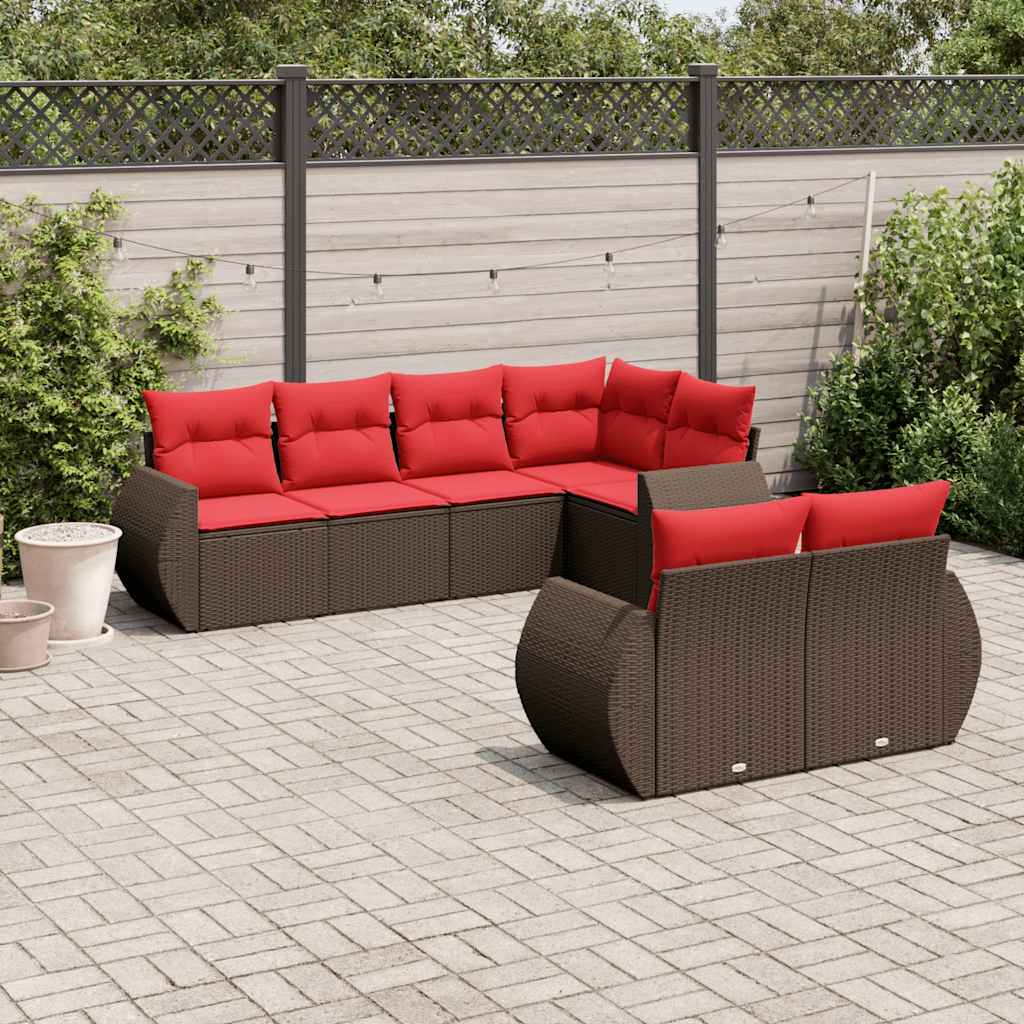Conjunto de sofá de jardim com 7 peças e almofadas em rattan sintético marrom
