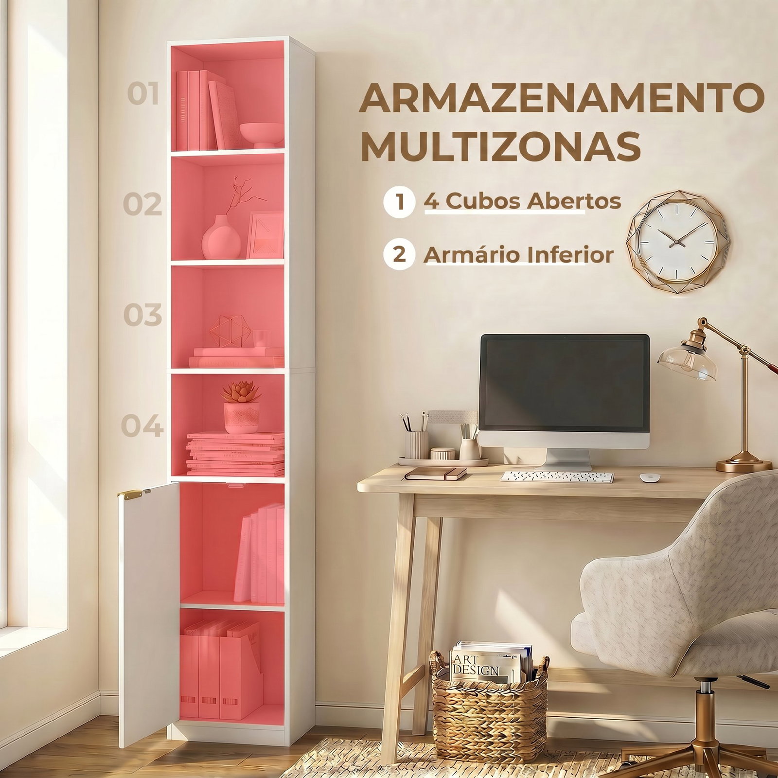Estante para livros alta e estreita de 6 níveis com 4 prateleiras abertas porta e prateleira ajustável branca