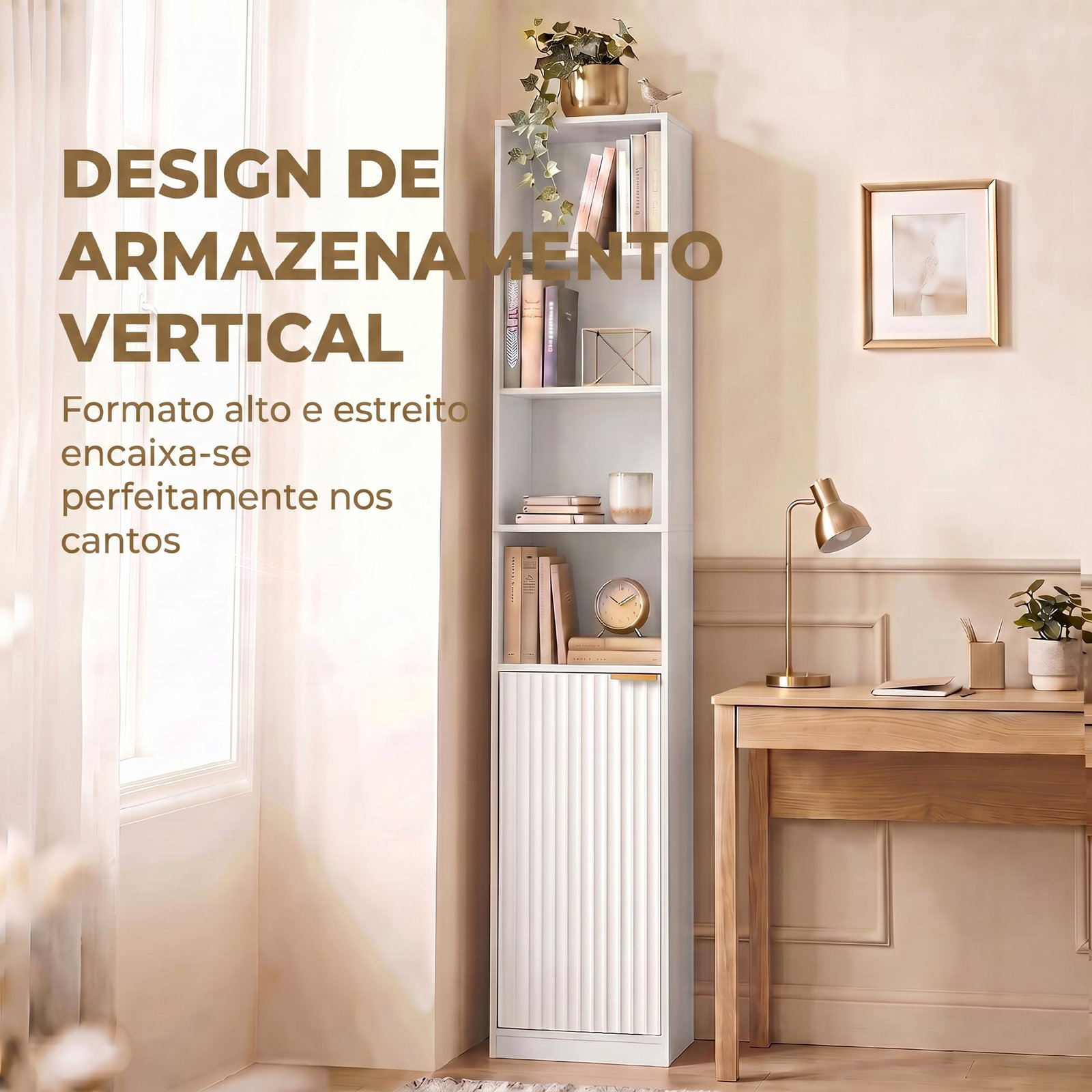 Estante para livros alta e estreita de 6 níveis com 4 prateleiras abertas porta e prateleira ajustável branca