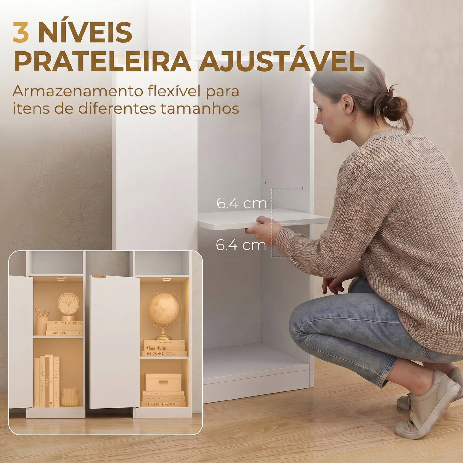 Estante para livros alta e estreita de 6 níveis com 4 prateleiras abertas porta e prateleira ajustável branca