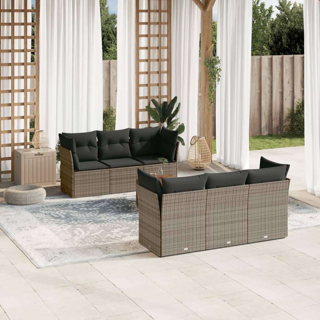 7 Pcs conjunto sofás p/ jardim c/ almofadões vime PE cinzento