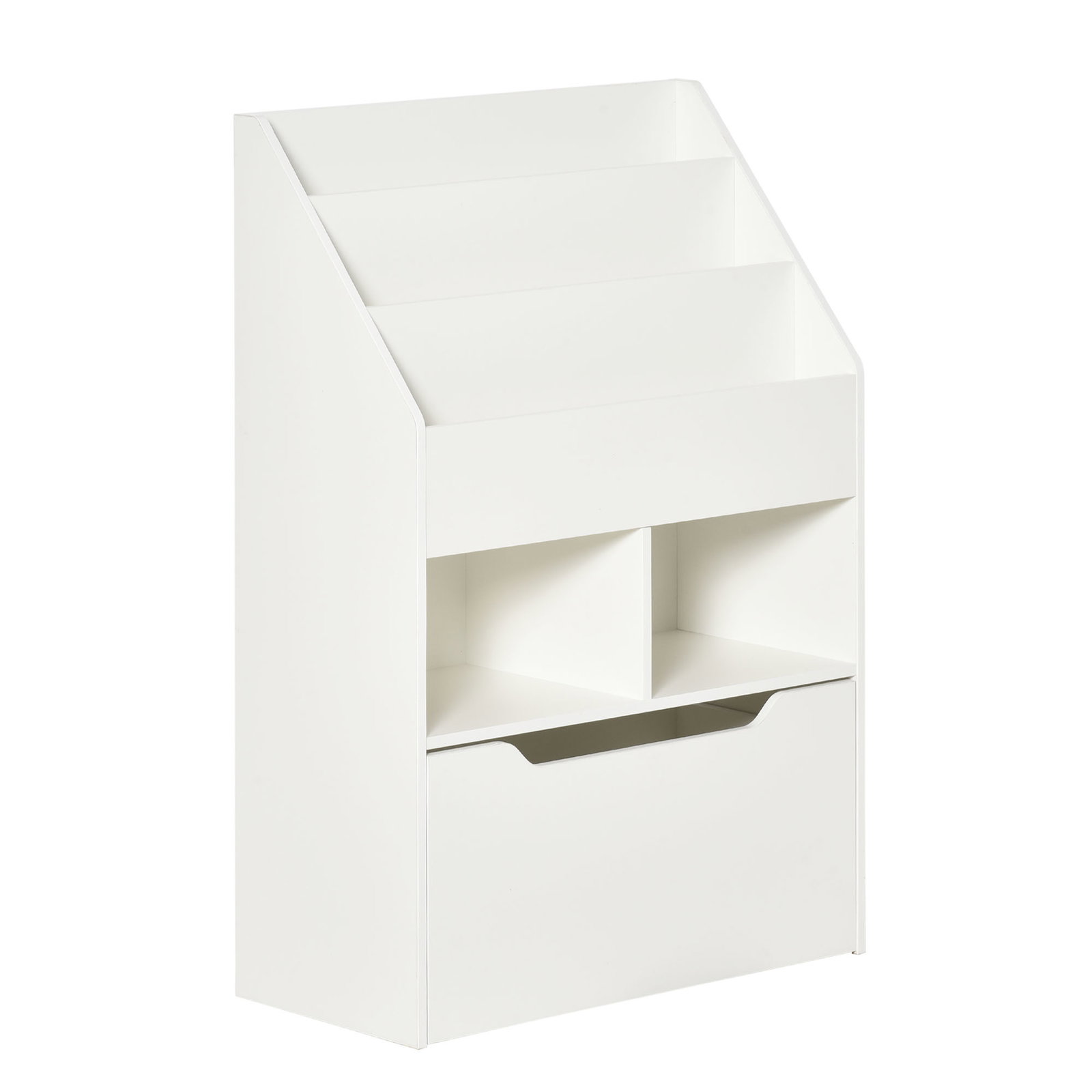 Estante de Madeira para Brinquedos com 3 Compartimentos 2 Cubos e Gaveta Móvel com 4 Rodas Estante para Livros Infantil para Dor