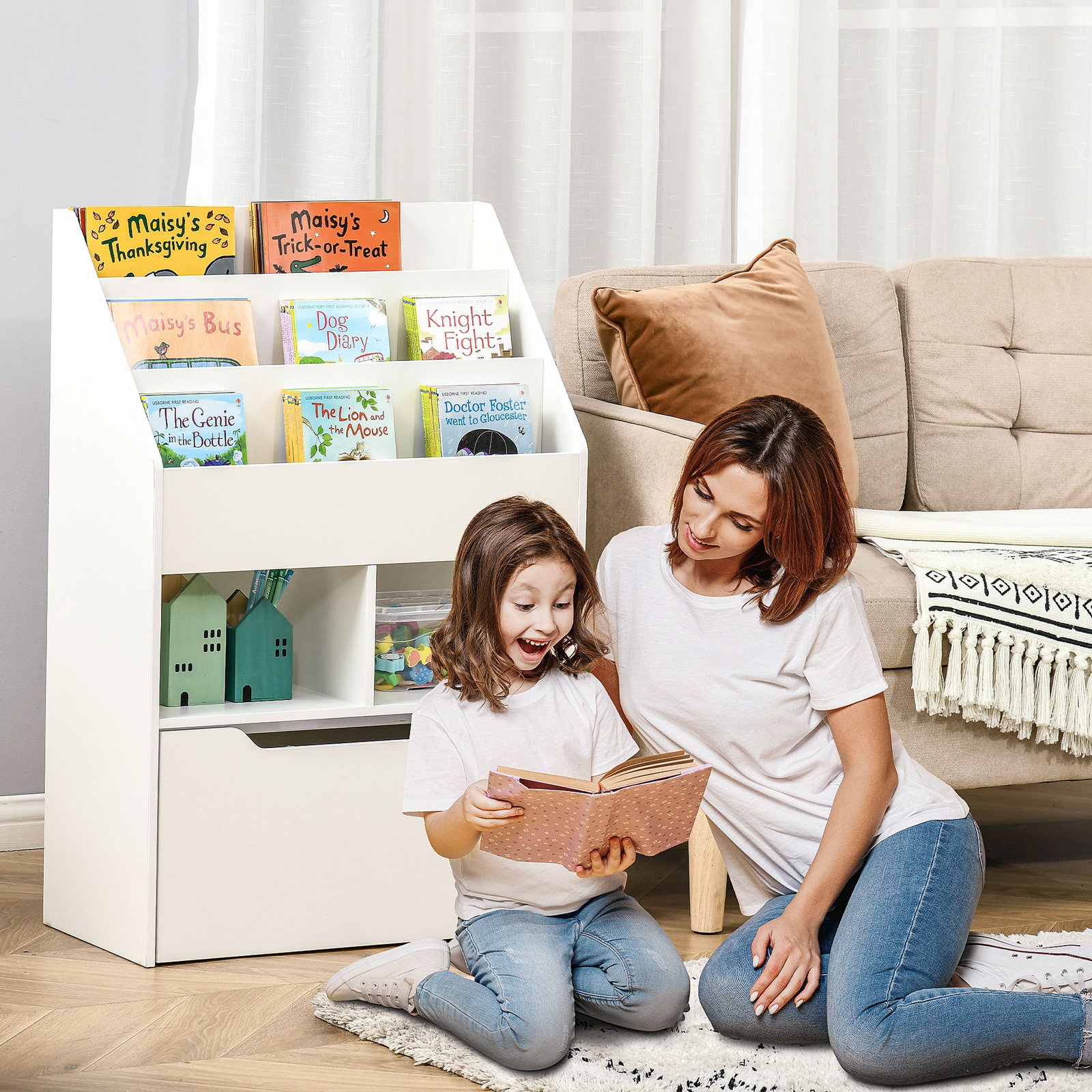 Estante de Madeira para Brinquedos com 3 Compartimentos 2 Cubos e Gaveta Móvel com 4 Rodas Estante para Livros Infantil para Dor