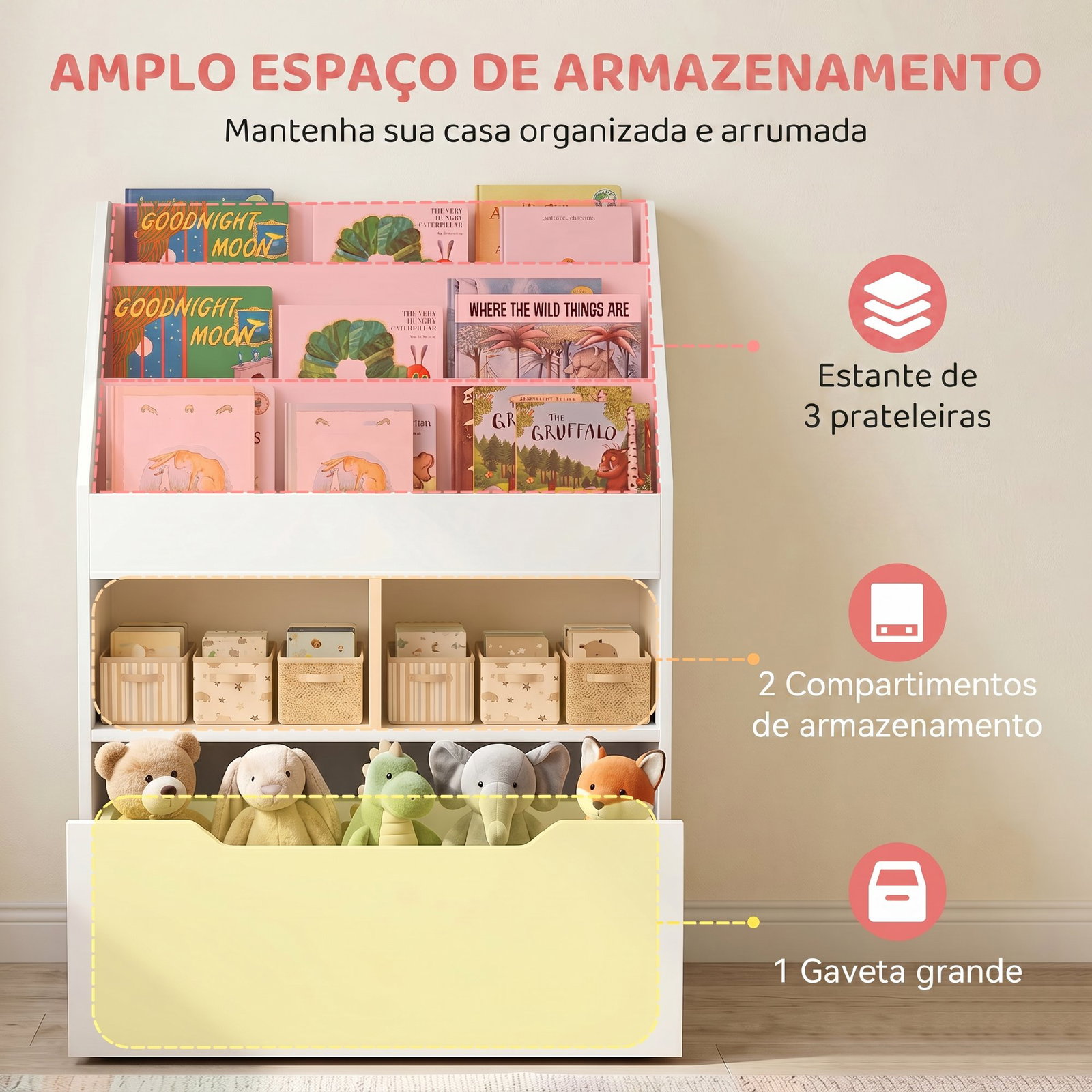 Estante de Madeira para Brinquedos com 3 Compartimentos 2 Cubos e Gaveta Móvel com 4 Rodas Estante para Livros Infantil para Dor