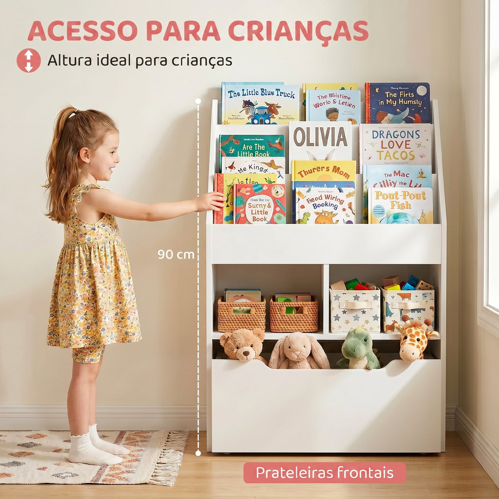 Estante de Madeira para Brinquedos com 3 Compartimentos 2 Cubos e Gaveta Móvel com 4 Rodas Estante para Livros Infantil para Dor
