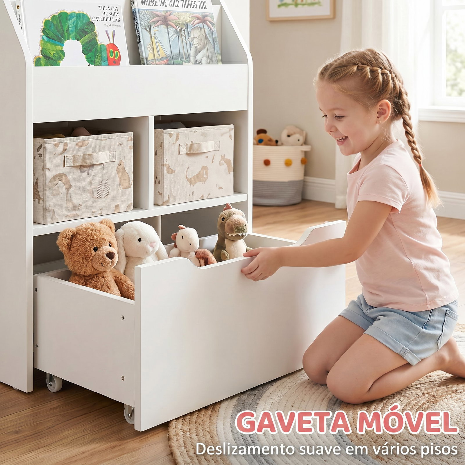 Estante de Madeira para Brinquedos com 3 Compartimentos 2 Cubos e Gaveta Móvel com 4 Rodas Estante para Livros Infantil para Dor