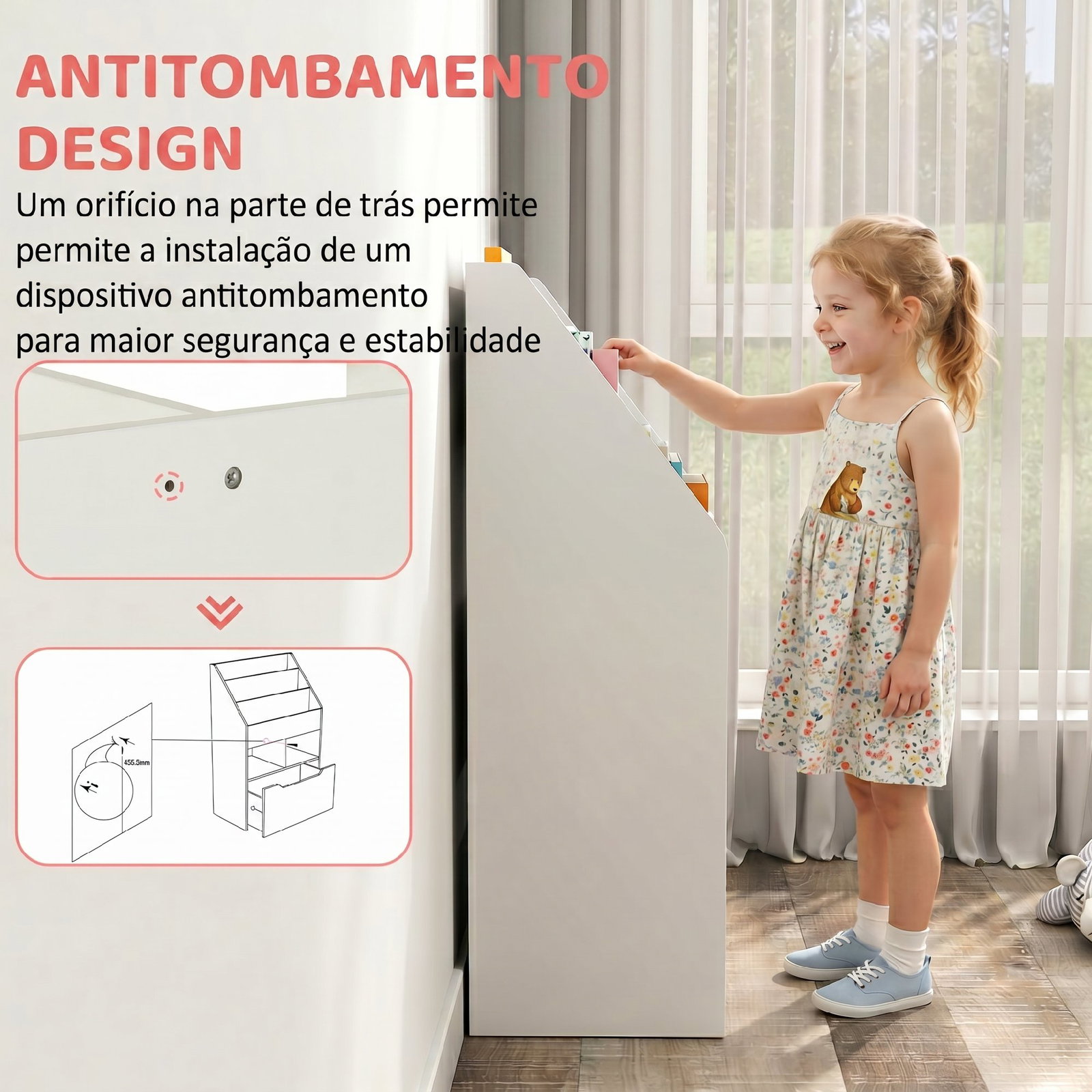 Estante de Madeira para Brinquedos com 3 Compartimentos 2 Cubos e Gaveta Móvel com 4 Rodas Estante para Livros Infantil para Dor