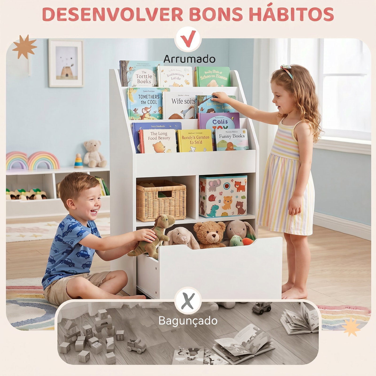 Estante de Madeira para Brinquedos com 3 Compartimentos 2 Cubos e Gaveta Móvel com 4 Rodas Estante para Livros Infantil para Dor