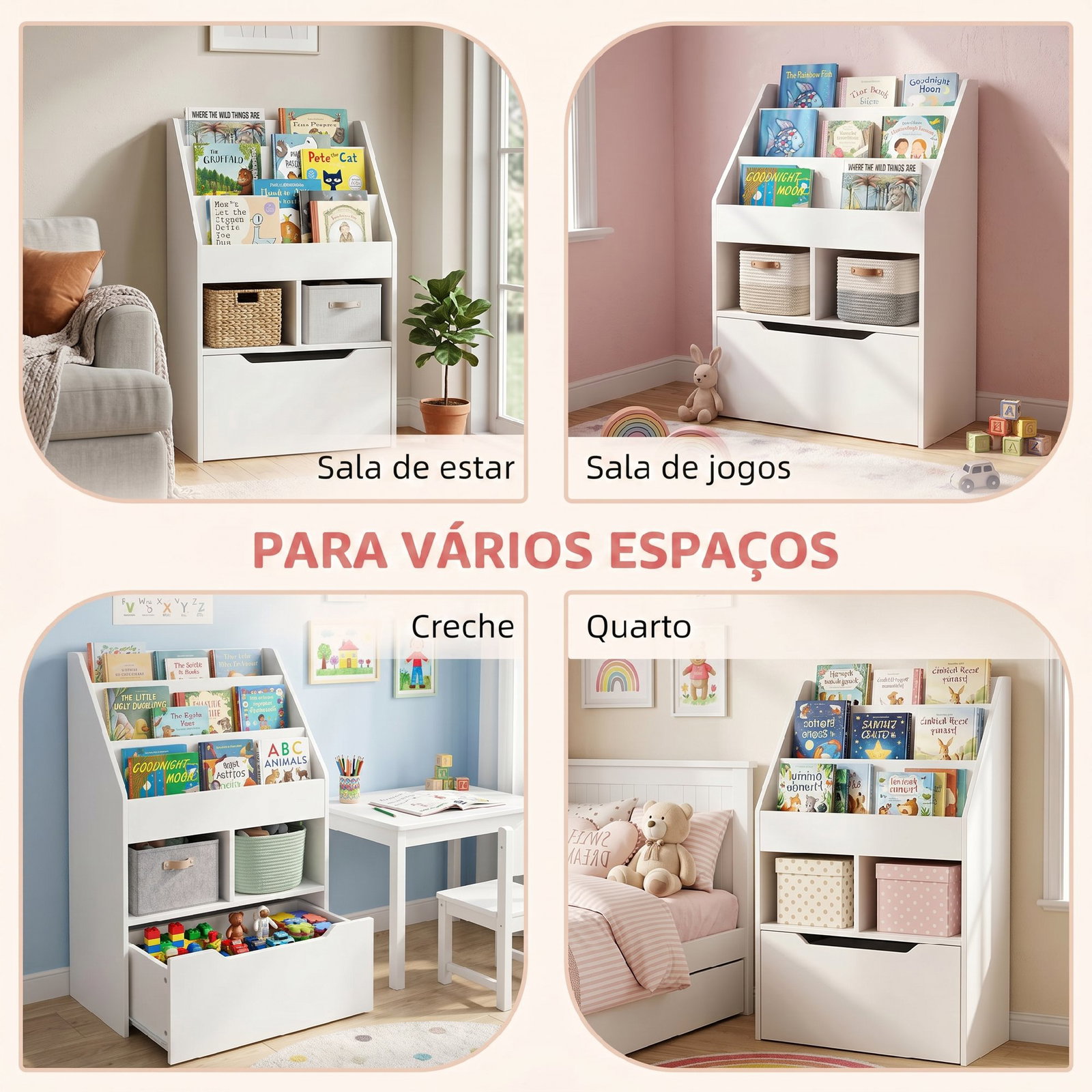 Estante de Madeira para Brinquedos com 3 Compartimentos 2 Cubos e Gaveta Móvel com 4 Rodas Estante para Livros Infantil para Dor
