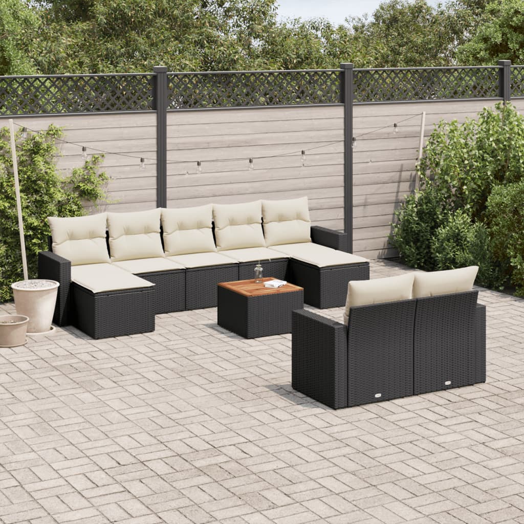 10 Pcs conjunto sofás de jardim c/ almofadões vime PE preto