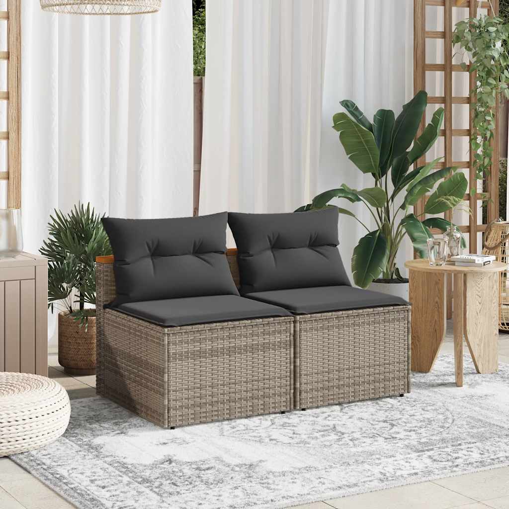 Sofás de jardim sem braços com almofadões 2 pcs vime PE cinza